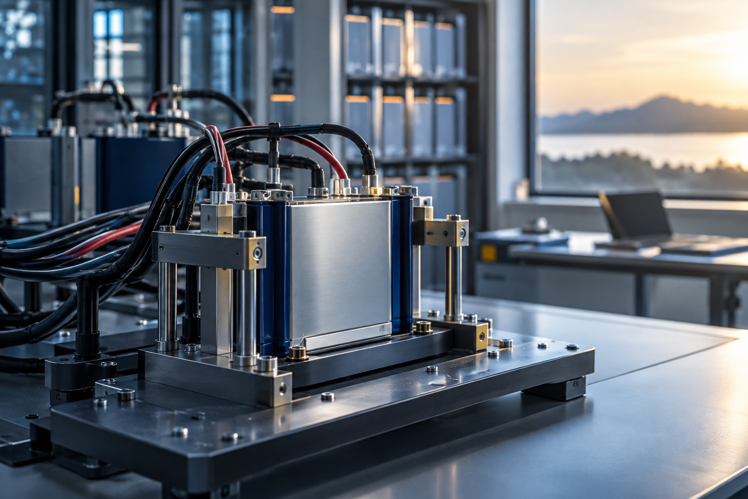 Illustration: battery cells in an energy research fixture