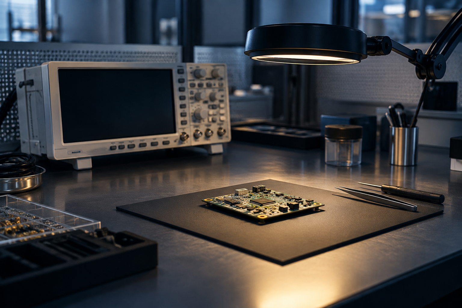 Illustration: electronics research bench with a circuit board under an inspection lamp